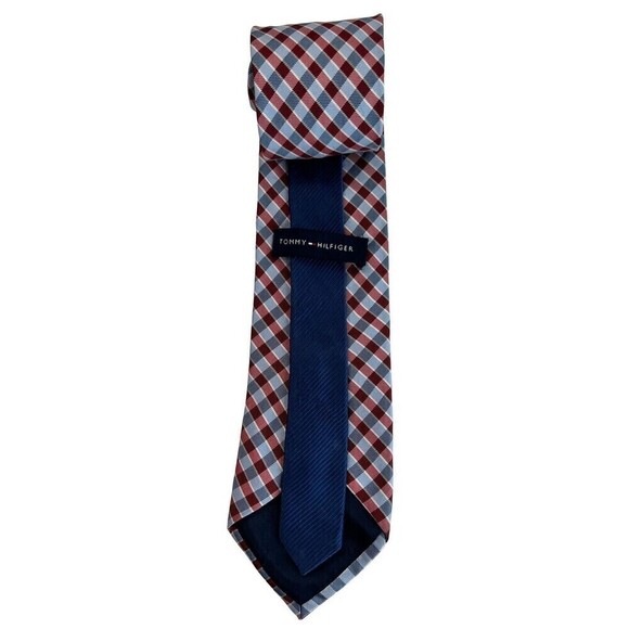 TOMMY HILFIGER Tie Men's 61" Long Blue Red White Plaid Necktie 100% Silk - Picture 6 of 6